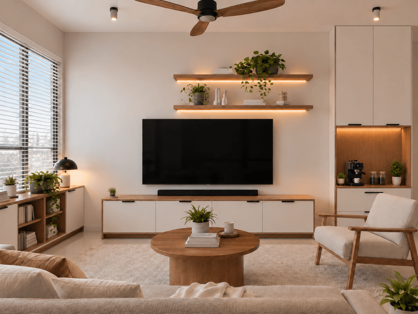 Open living room with television wall