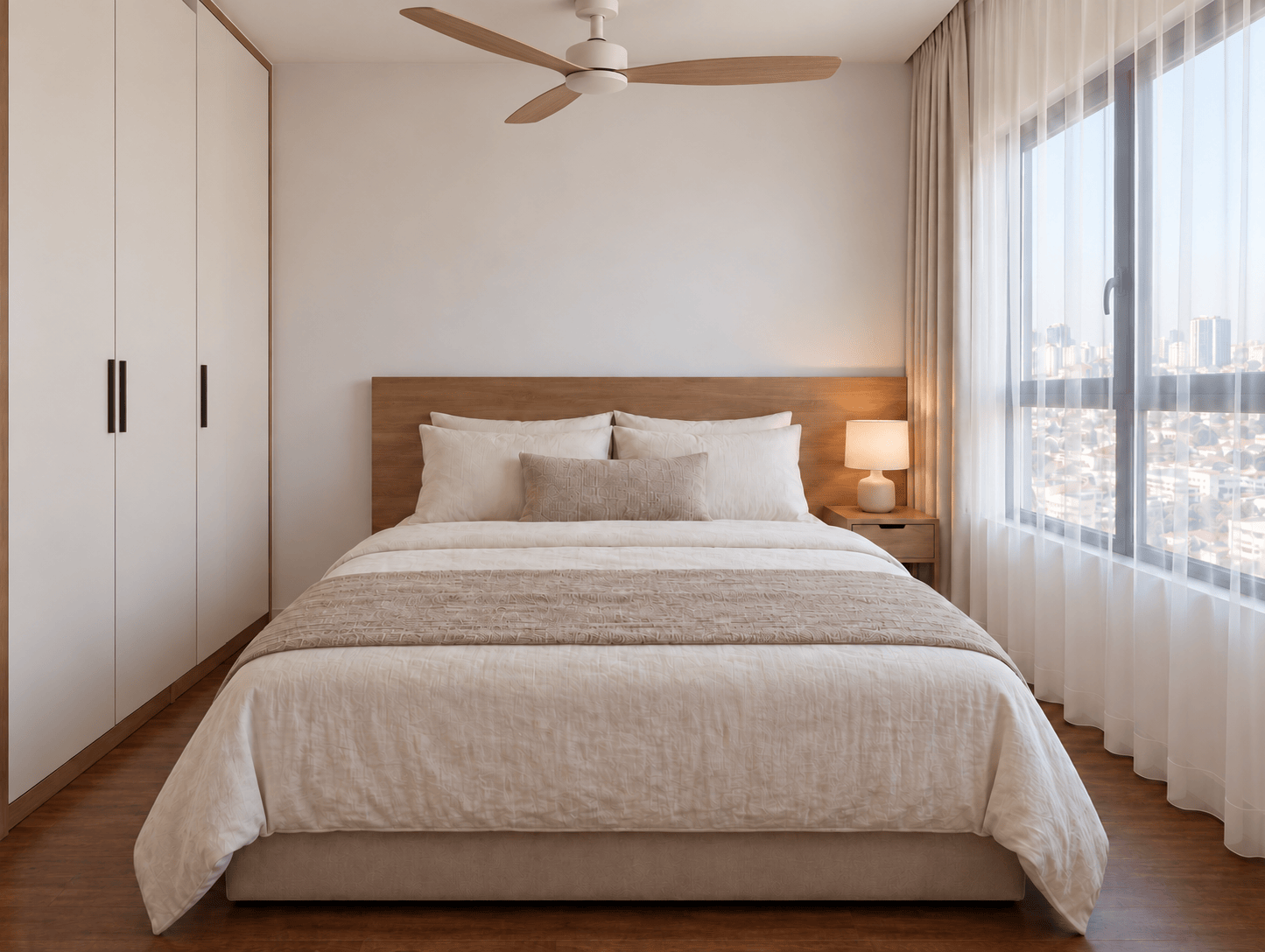 Bed with timber headboard beside the window