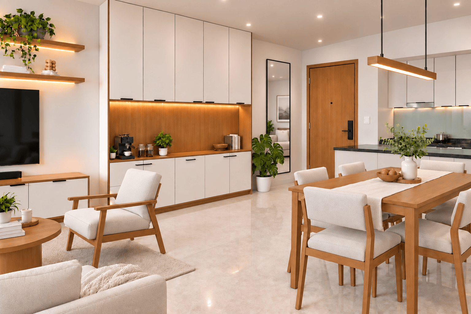 Alternative view with a wider coffee nook, full-height cabinetry, and an entrance mirror