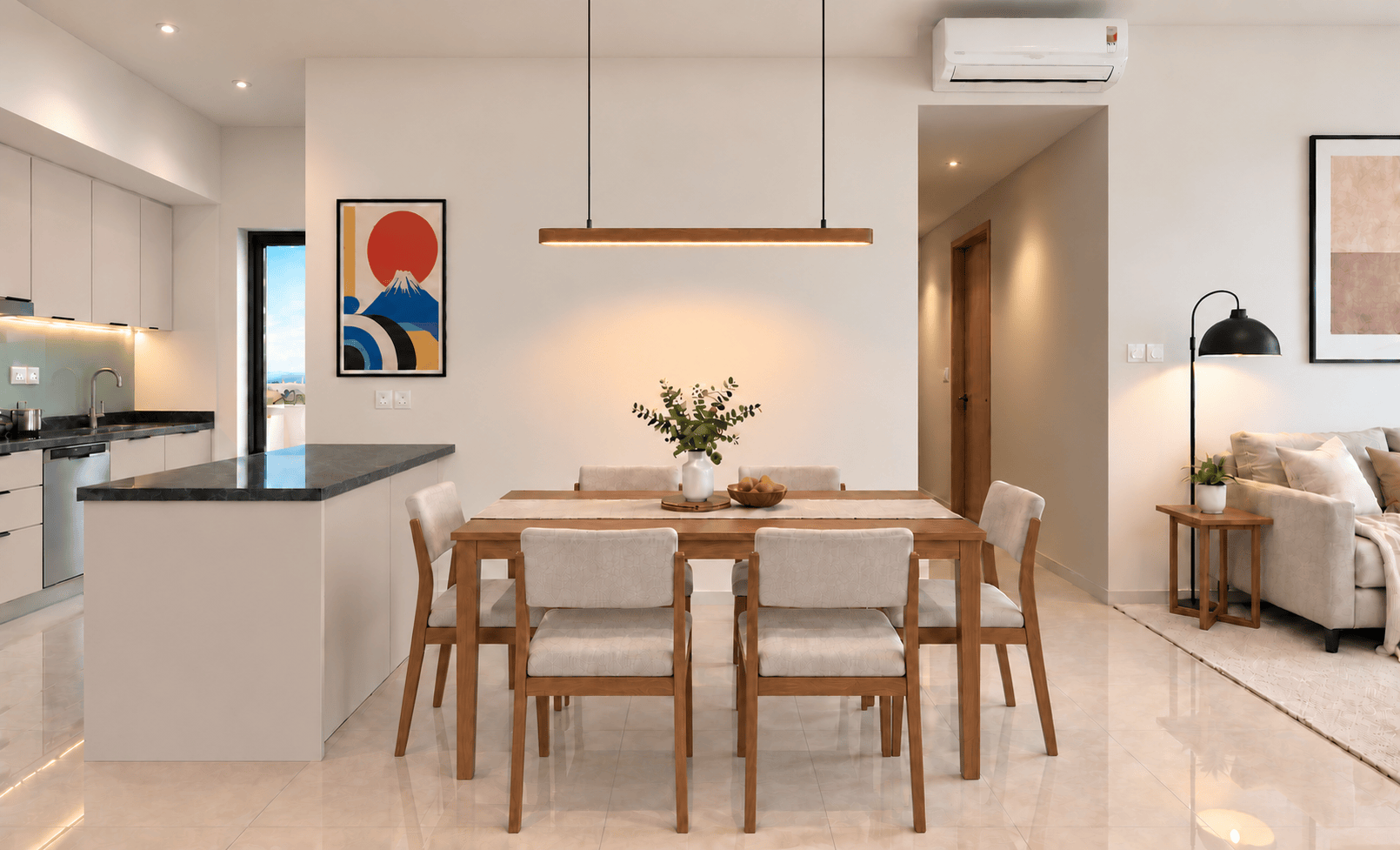Dining area in warm neutral tones