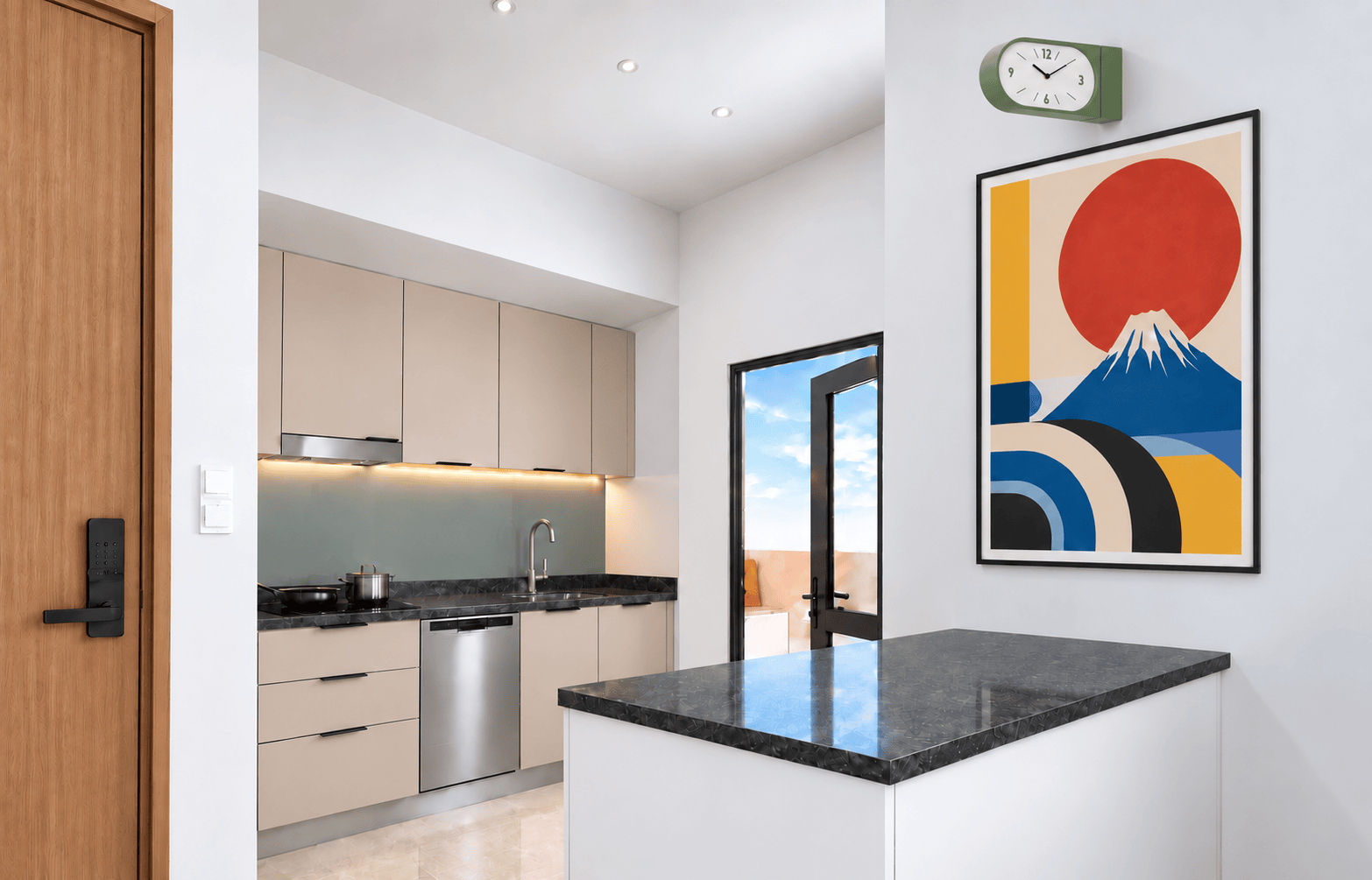 Kitchen counter and shelving view