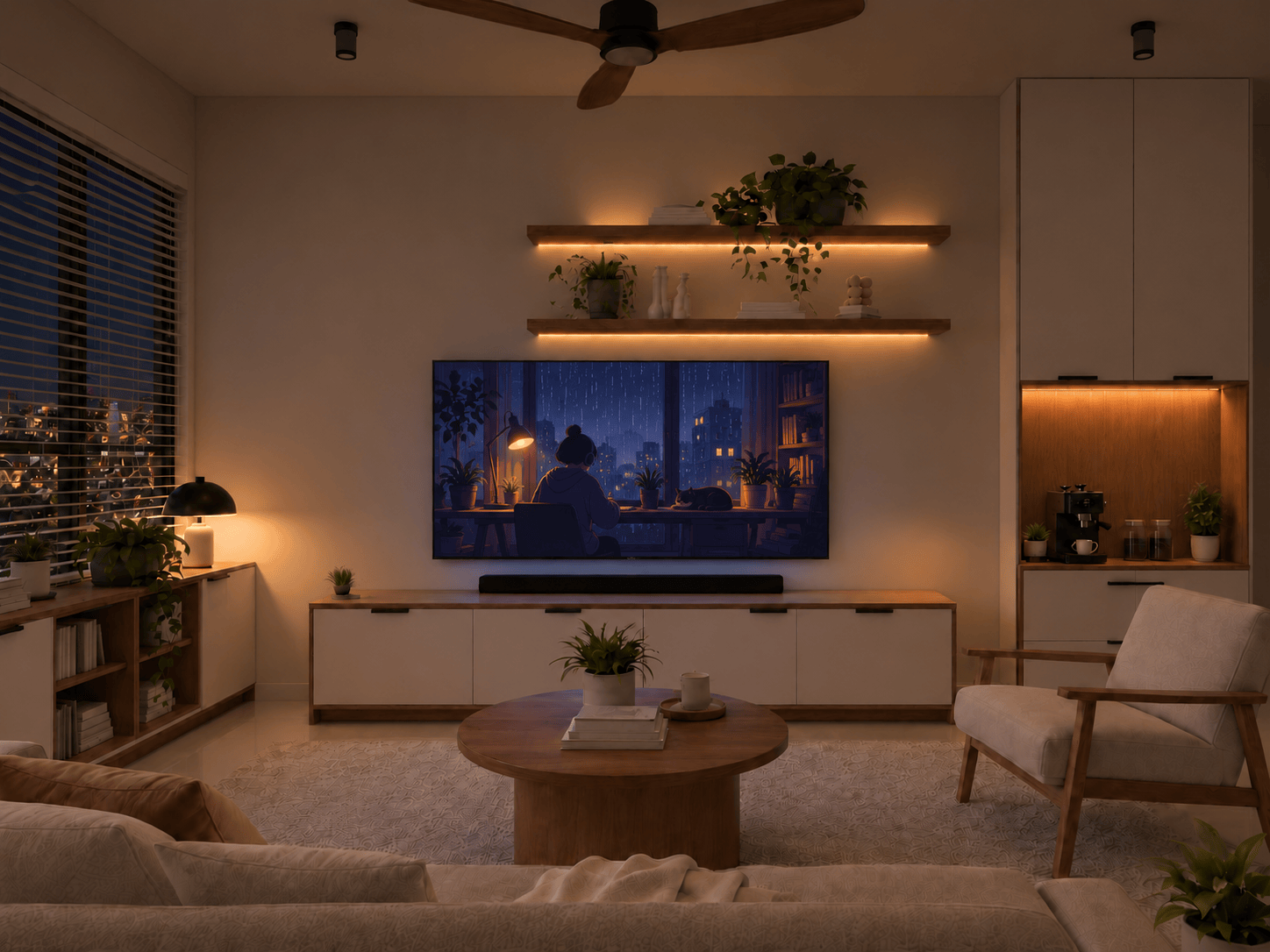 Living room night lighting view