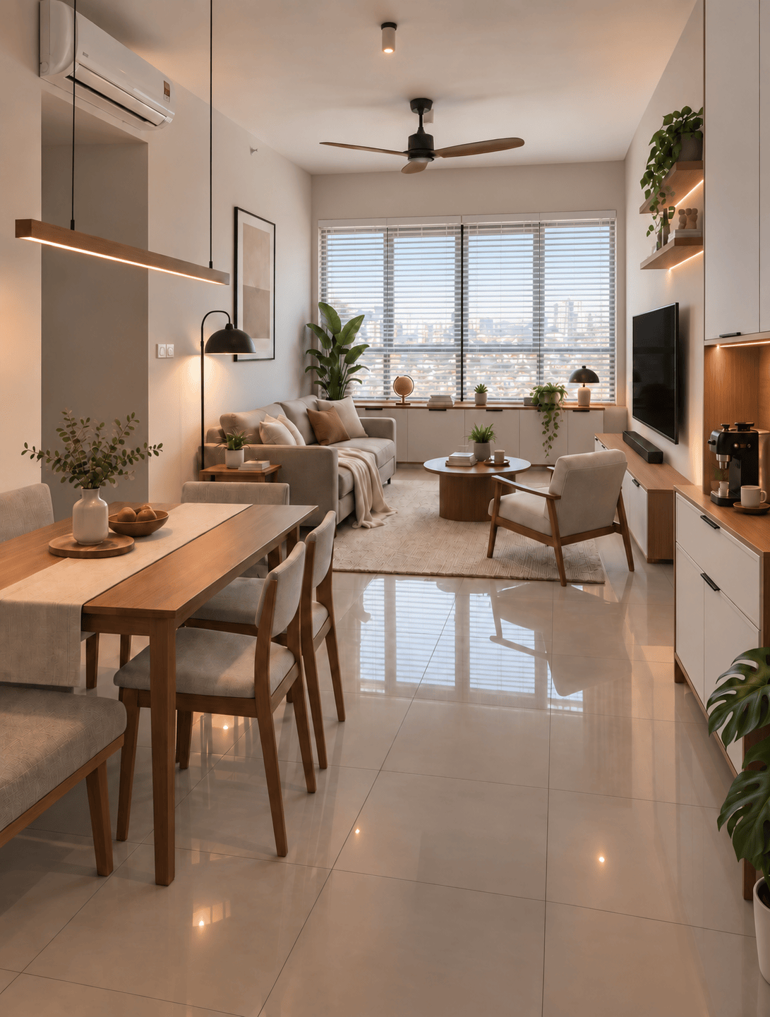 View from the entrance through the dining area into the living room